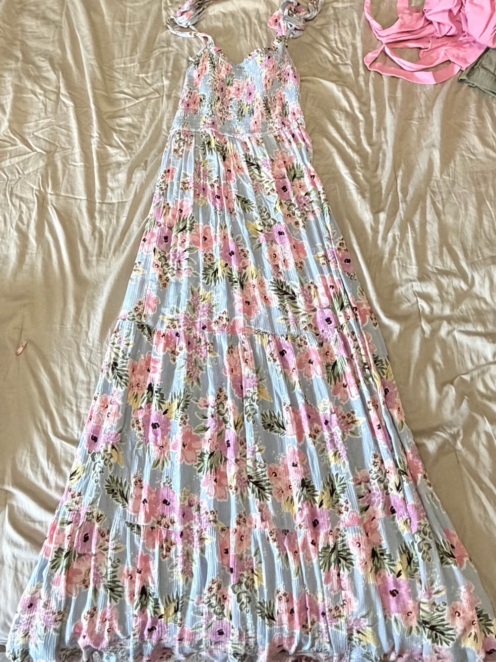 Promesa Pink Floral Smocked Maxi Dress on Light Blue